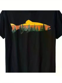 Men'S Cotton Fly Fishing T-Shirt - Breathable, Quick-Dry Crew Neck with Geometric Print for (Color: Black, size: L)