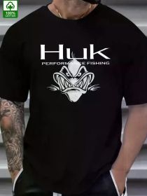 Men's HUK Performance Fishing Pattern T-Shirt - 100% Cotton, Black, with Raging Fish Design, Casual Summer Outdoor Wear (Color: Black, size: XL)