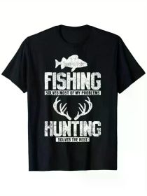 Men's Black Hunting & Fishing Graphic T-Shirt - "Fishing Solves Most of My Problems" Print, Durable Anti-Shrink (Color: Black, size: XXXL)