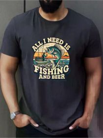 Fishing print t-shirt, men's casual short sleeve t-shirt, summer wear, casual style, regular fit, suitable for all seasons (Color: Black, size: S)
