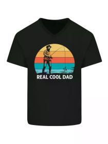 Reel Cool Daddy Fun Father's Day Fishing Men's V-Neck Cotton T-Shirt (Color: Black, size: XXXL)
