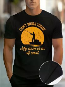 Men's Casual 100% Cotton Short Sleeve T-Shirt - "Can't Work Today, My Arm is in a Cast" Fishing Graphic Design, Black with Yellow Sunset Print (Color: Black, size: S)