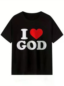 I LOVE Godt-Shirt, 1pc, 100% Cotton T-Shirt, Niche Design Printing, High-Quality Breathable Material, Casual And Versatile (Color: Black, size: M)