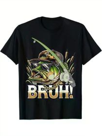 Hot StylishBruh Funny Fishing Graphic Print for Men Women Couple Fashion T-Shirt, Street Short Sleeve Cotton T-Shirt (Color: Black, size: L)