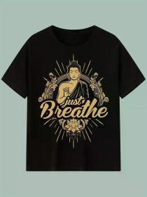 Zen-Inspired Cotton T-Shirt, 100% Crew Neck Sports Tee with Geometric Applique, All-Season Knit Fabric for Fishing & Outdoor Activities (Color: Black, size: S)